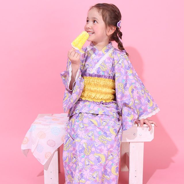 【ベビードール】ラプンツェル プリンセス / 2WAY浴衣ワンピース 0434K / 90cm-140cm キッズ セパレートタイプ 3点セット 半袖 ワンピ ロングスカート 作り帯 胸部総ゴム（ギャザー） 肩紐長さ調整可（2段階/取り外し不可）