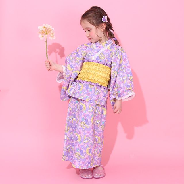 【ベビードール】ラプンツェル プリンセス / 2WAY浴衣ワンピース 0434K / 90cm-140cm キッズ セパレートタイプ 3点セット 半袖 ワンピ ロングスカート 作り帯 胸部総ゴム（ギャザー） 肩紐長さ調整可（2段階/取り外し不可）