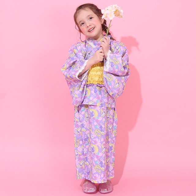 【ベビードール】ラプンツェル プリンセス / 2WAY浴衣ワンピース 0434K / 90cm-140cm キッズ セパレートタイプ 3点セット 半袖 ワンピ ロングスカート 作り帯 胸部総ゴム（ギャザー） 肩紐長さ調整可（2段階/取り外し不可）