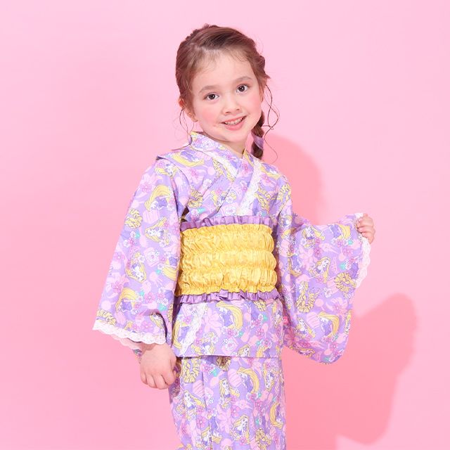 【ベビードール】ラプンツェル プリンセス / 2WAY浴衣ワンピース 0434K / 90cm-140cm キッズ セパレートタイプ 3点セット 半袖 ワンピ ロングスカート 作り帯 胸部総ゴム（ギャザー） 肩紐長さ調整可（2段階/取り外し不可）