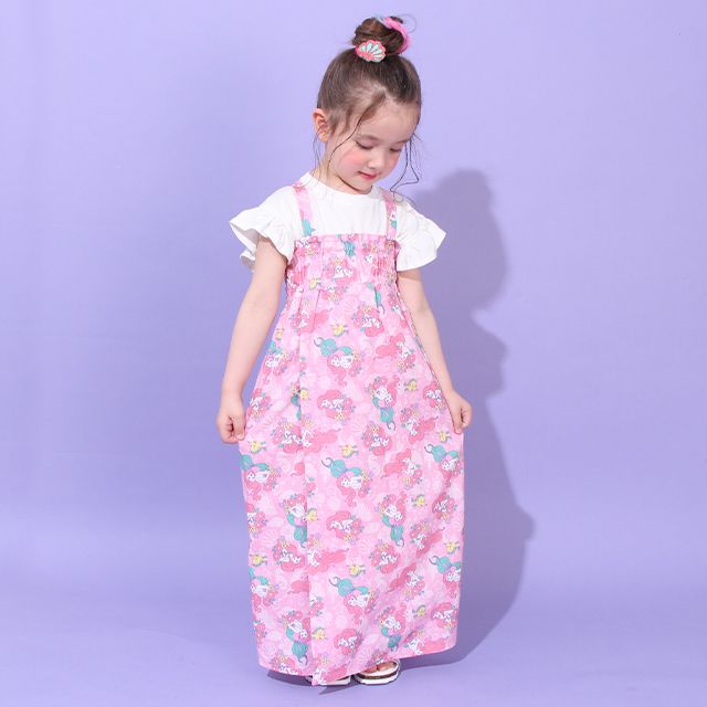 【ベビードール】アリエル プリンセス / 2WAY浴衣ワンピース 0434K / 90cm-140cm キッズ セパレートタイプ 3点セット 半袖 ワンピ ロングスカート 作り帯 胸部総ゴム（ギャザー） 肩紐長さ調整可（2段階/取り外し不可）