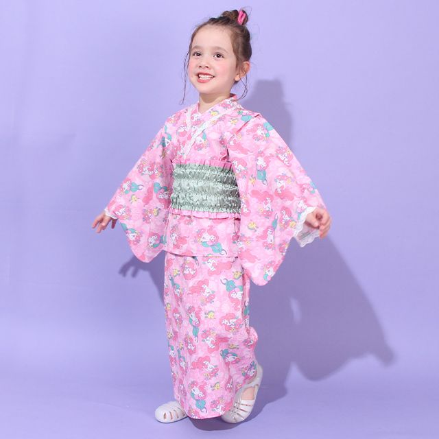 【ベビードール】アリエル プリンセス / 2WAY浴衣ワンピース 0434K / 90cm-140cm キッズ セパレートタイプ 3点セット 半袖 ワンピ ロングスカート 作り帯 胸部総ゴム（ギャザー） 肩紐長さ調整可（2段階/取り外し不可）