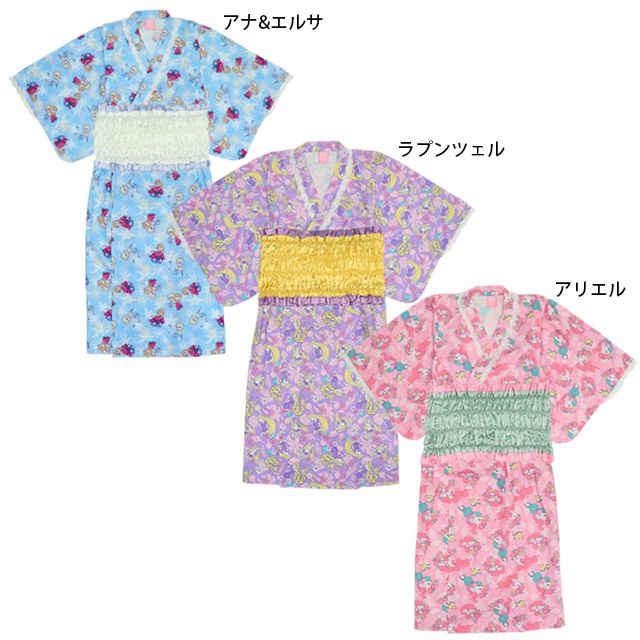 【ベビードール】アリエル プリンセス / 2WAY浴衣ワンピース 0434K / 90cm-140cm キッズ セパレートタイプ 3点セット 半袖 ワンピ ロングスカート 作り帯 胸部総ゴム（ギャザー） 肩紐長さ調整可（2段階/取り外し不可）
