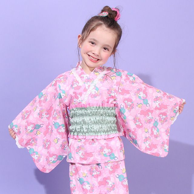 【ベビードール】アリエル プリンセス / 2WAY浴衣ワンピース 0434K / 90cm-140cm キッズ セパレートタイプ 3点セット 半袖 ワンピ ロングスカート 作り帯 胸部総ゴム（ギャザー） 肩紐長さ調整可（2段階/取り外し不可）