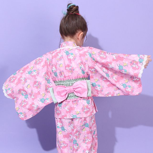 【ベビードール】アリエル プリンセス / 2WAY浴衣ワンピース 0434K / 90cm-140cm キッズ セパレートタイプ 3点セット 半袖 ワンピ ロングスカート 作り帯 胸部総ゴム（ギャザー） 肩紐長さ調整可（2段階/取り外し不可）
