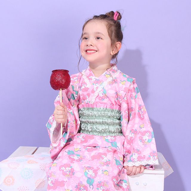 【ベビードール】アリエル プリンセス / 2WAY浴衣ワンピース 0434K / 90cm-140cm キッズ セパレートタイプ 3点セット 半袖 ワンピ ロングスカート 作り帯 胸部総ゴム（ギャザー） 肩紐長さ調整可（2段階/取り外し不可）