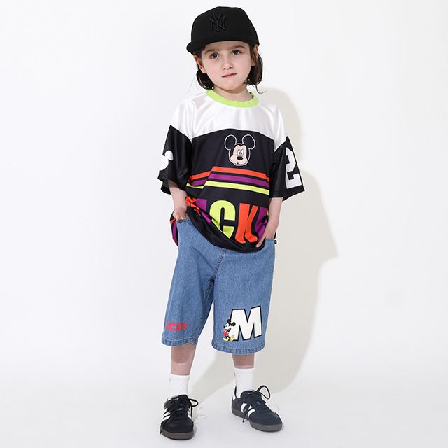 【ベビードール】ミッキー サガラワッペンデニムハーフパンツ 0469K / ベビーサイズ キッズ ボトムス ショートパンツ 短パン 半ズボン ジーパン ウエスト総ゴム ゴム穴付 ベルトループ フェイクボタン ゆったり 楽 ルーズ オールシーズン