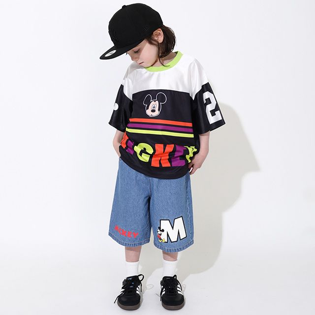 【ベビードール】ミッキー サガラワッペンデニムハーフパンツ 0469K / ベビーサイズ キッズ ボトムス ショートパンツ 短パン 半ズボン ジーパン ウエスト総ゴム ゴム穴付 ベルトループ フェイクボタン ゆったり 楽 ルーズ オールシーズン