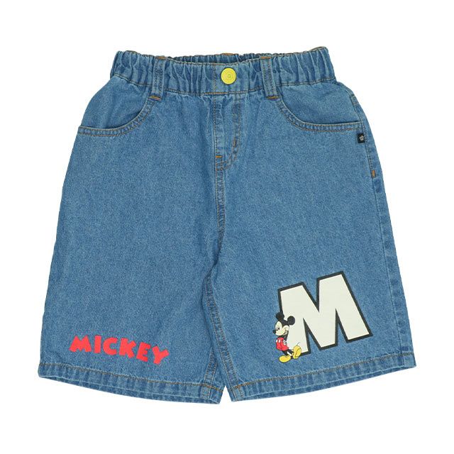 【ベビードール】ミッキー サガラワッペンデニムハーフパンツ 0469K / ベビーサイズ キッズ ボトムス ショートパンツ 短パン 半ズボン ジーパン ウエスト総ゴム ゴム穴付 ベルトループ フェイクボタン ゆったり 楽 ルーズ オールシーズン