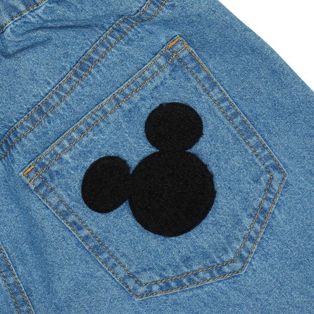 【ベビードール】ミッキー サガラワッペンデニムハーフパンツ 0469K / ベビーサイズ キッズ ボトムス ショートパンツ 短パン 半ズボン ジーパン ウエスト総ゴム ゴム穴付 ベルトループ フェイクボタン ゆったり 楽 ルーズ オールシーズン