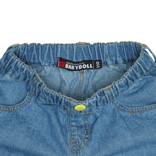 【ベビードール】ミッキー サガラワッペンデニムハーフパンツ 0469K / ベビーサイズ キッズ ボトムス ショートパンツ 短パン 半ズボン ジーパン ウエスト総ゴム ゴム穴付 ベルトループ フェイクボタン ゆったり 楽 ルーズ オールシーズン