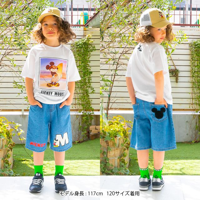 【ベビードール】ミッキー サガラワッペンデニムハーフパンツ 0469K / ベビーサイズ キッズ ボトムス ショートパンツ 短パン 半ズボン ジーパン ウエスト総ゴム ゴム穴付 ベルトループ フェイクボタン ゆったり 楽 ルーズ オールシーズン