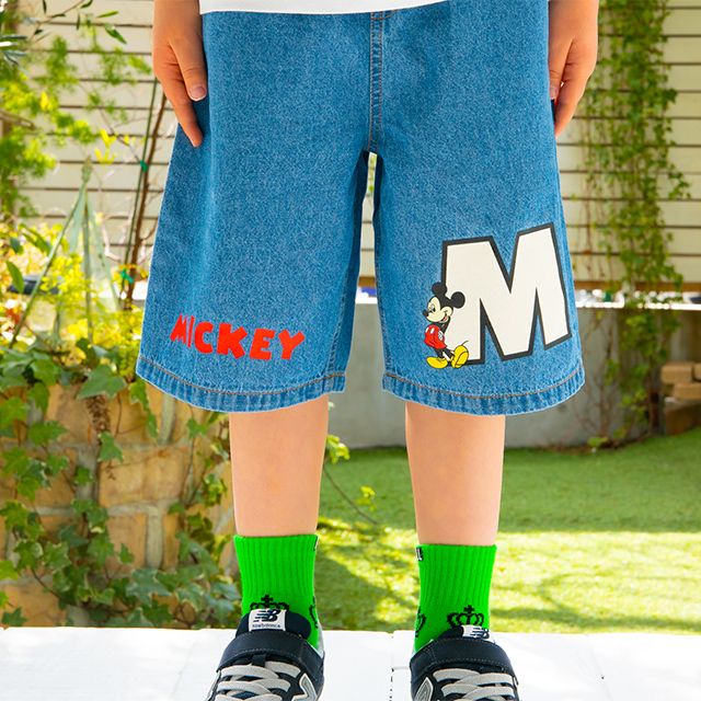 【ベビードール】ミッキー サガラワッペンデニムハーフパンツ 0469K / ベビーサイズ キッズ ボトムス ショートパンツ 短パン 半ズボン ジーパン ウエスト総ゴム ゴム穴付 ベルトループ フェイクボタン ゆったり 楽 ルーズ オールシーズン