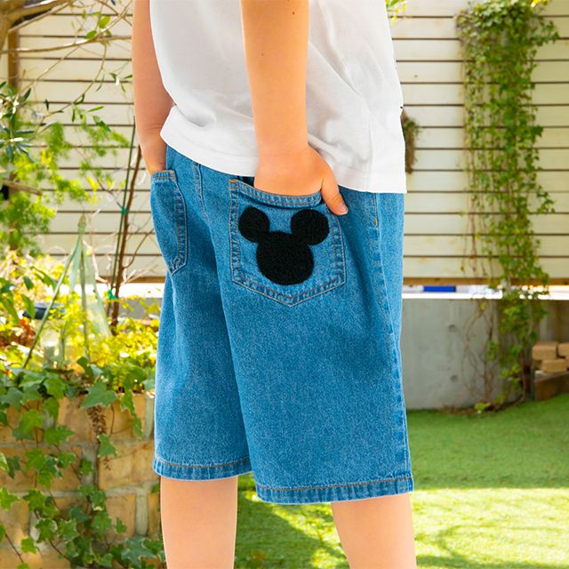【ベビードール】ミッキー サガラワッペンデニムハーフパンツ 0469K / ベビーサイズ キッズ ボトムス ショートパンツ 短パン 半ズボン ジーパン ウエスト総ゴム ゴム穴付 ベルトループ フェイクボタン ゆったり 楽 ルーズ オールシーズン