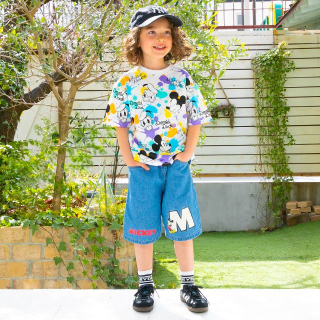 【ベビードール】ミッキー サガラワッペンデニムハーフパンツ 0469K / ベビーサイズ キッズ ボトムス ショートパンツ 短パン 半ズボン ジーパン ウエスト総ゴム ゴム穴付 ベルトループ フェイクボタン ゆったり 楽 ルーズ オールシーズン