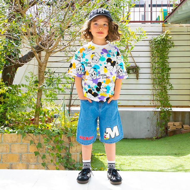 【ベビードール】ミッキー サガラワッペンデニムハーフパンツ 0469K / ベビーサイズ キッズ ボトムス ショートパンツ 短パン 半ズボン ジーパン ウエスト総ゴム ゴム穴付 ベルトループ フェイクボタン ゆったり 楽 ルーズ オールシーズン