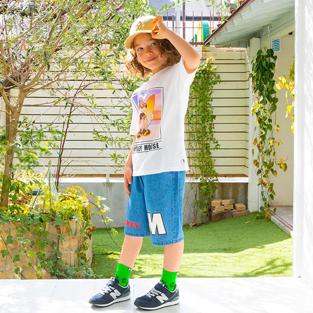 【ベビードール】ミッキー サガラワッペンデニムハーフパンツ 0469K / ベビーサイズ キッズ ボトムス ショートパンツ 短パン 半ズボン ジーパン ウエスト総ゴム ゴム穴付 ベルトループ フェイクボタン ゆったり 楽 ルーズ オールシーズン