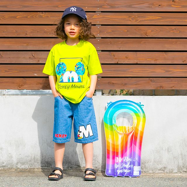 【ベビードール】ミッキー サガラワッペンデニムハーフパンツ 0469K / ベビーサイズ キッズ ボトムス ショートパンツ 短パン 半ズボン ジーパン ウエスト総ゴム ゴム穴付 ベルトループ フェイクボタン ゆったり 楽 ルーズ オールシーズン