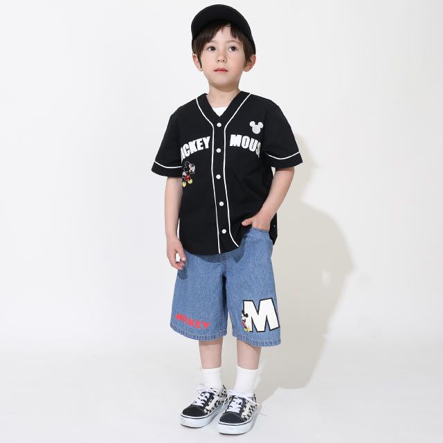 【ベビードール】ミッキー サガラワッペンデニムハーフパンツ 0469K / ベビーサイズ キッズ ボトムス ショートパンツ 短パン 半ズボン ジーパン ウエスト総ゴム ゴム穴付 ベルトループ フェイクボタン ゆったり 楽 ルーズ オールシーズン