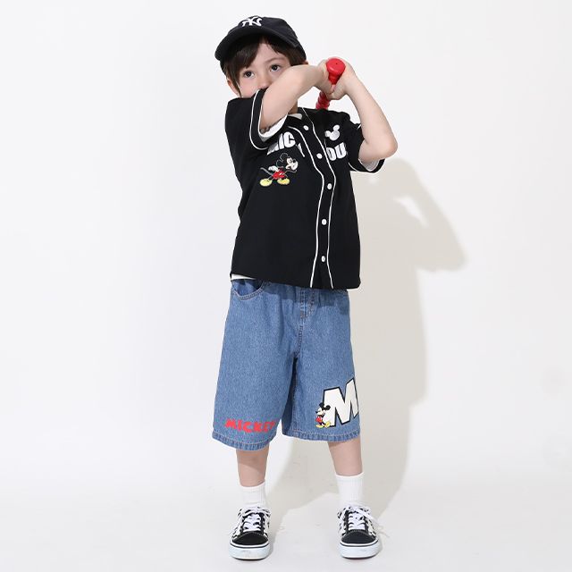 【ベビードール】ミッキー ベースボール半袖シャツ 0475K / ベビーサイズ キッズ トップス 半袖 羽織 ユニフォーム風 スポーティ