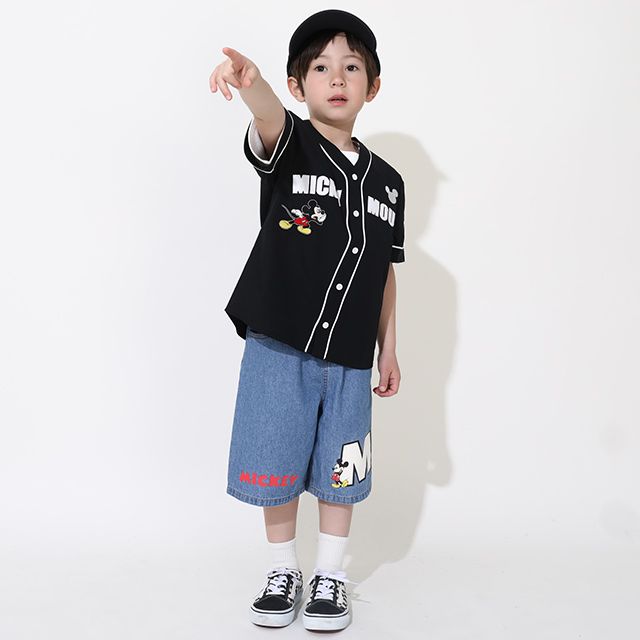 【ベビードール】ミッキー ベースボール半袖シャツ 0475K / ベビーサイズ キッズ トップス 半袖 羽織 ユニフォーム風 スポーティ