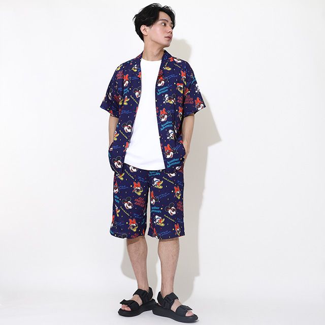 【ベビードール】親子お揃い リゾート総柄ハーフパンツ 0476A （トップス別売） / ミッキー ミニー デイジー ドナルド 大人 ユニセックス 男女兼用 リンクコーデ ペアルック 親子コーデ ボトムス 短パン 半ズボン ウエスト総ゴム ゴム穴付 スピンドル有り セットアップコーデ