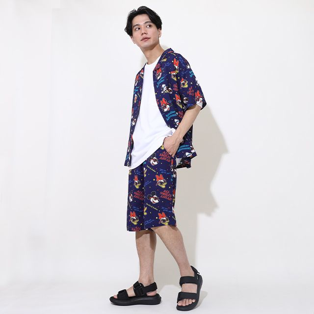 【ベビードール】親子お揃い リゾート総柄ハーフパンツ 0476A （トップス別売） / ミッキー ミニー デイジー ドナルド 大人 ユニセックス 男女兼用 リンクコーデ ペアルック 親子コーデ ボトムス 短パン 半ズボン ウエスト総ゴム ゴム穴付 スピンドル有り セットアップコーデ