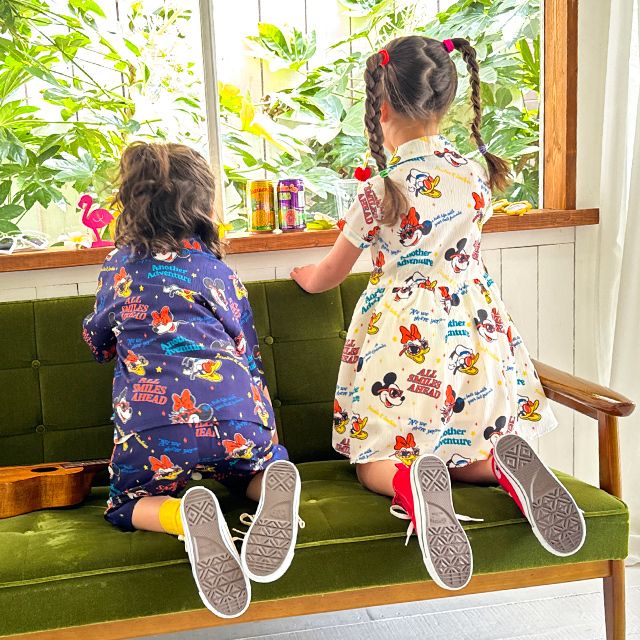 【ベビードール】親子お揃い リゾート総柄ワンピース 0477K / ミッキー ミニー デイジー ドナルド ベビーサイズ キッズ リンクコーデ ペアルック 親子コーデ トップス スカート 半袖 開襟 シャツワンピ 裏地付き