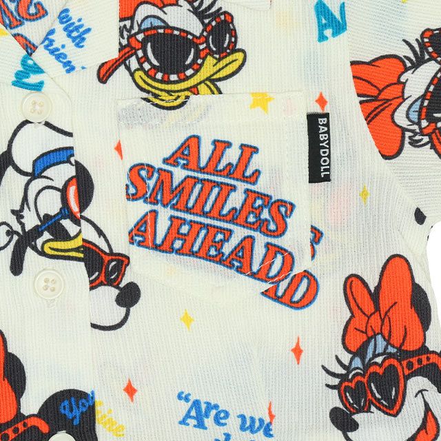 【ベビードール】親子お揃い リゾート総柄ワンピース 0477K / ミッキー ミニー デイジー ドナルド ベビーサイズ キッズ リンクコーデ ペアルック 親子コーデ トップス スカート 半袖 開襟 シャツワンピ 裏地付き