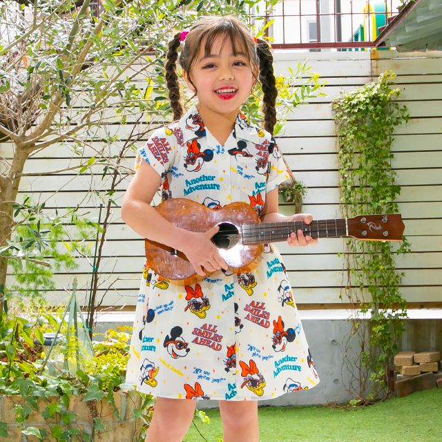 【ベビードール】親子お揃い リゾート総柄ワンピース 0477K / ミッキー ミニー デイジー ドナルド ベビーサイズ キッズ リンクコーデ ペアルック 親子コーデ トップス スカート 半袖 開襟 シャツワンピ 裏地付き