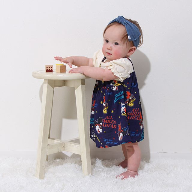 【ベビードール】リゾート総柄ドッキングロンパース 0480B / ミッキー ミニー デイジー ドナルド 70-80cm ベビーサイズ 赤ちゃん ベビー服 リンクコーデ ペアルック 親子コーデ つなぎ 半袖 バルーン袖 ビスチェ スカート ワンピース