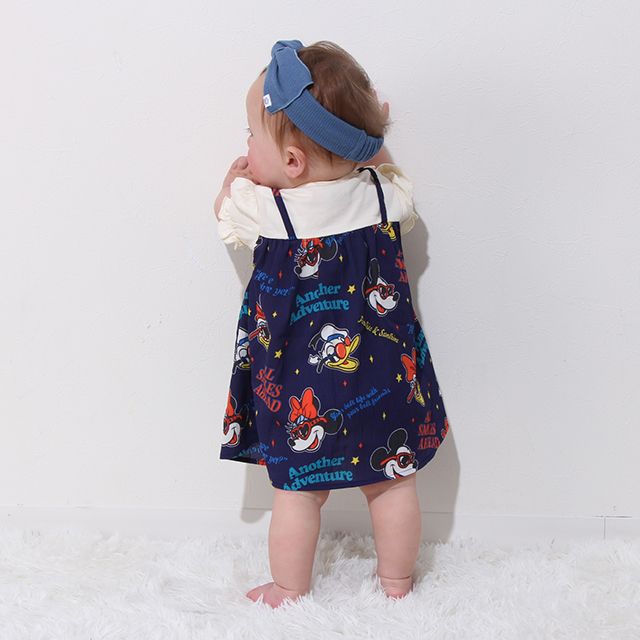 【ベビードール】リゾート総柄ドッキングロンパース 0480B / ミッキー ミニー デイジー ドナルド 70-80cm ベビーサイズ 赤ちゃん ベビー服 リンクコーデ ペアルック 親子コーデ つなぎ 半袖 バルーン袖 ビスチェ スカート ワンピース