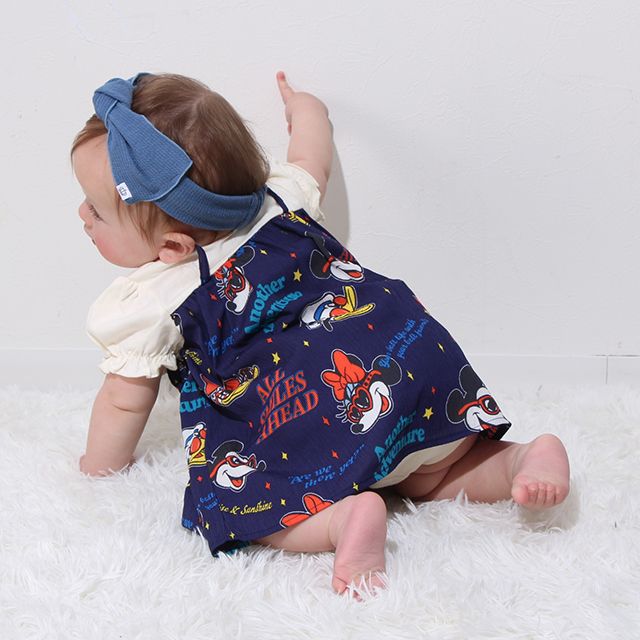 【ベビードール】リゾート総柄ドッキングロンパース 0480B / ミッキー ミニー デイジー ドナルド 70-80cm ベビーサイズ 赤ちゃん ベビー服 リンクコーデ ペアルック 親子コーデ つなぎ 半袖 バルーン袖 ビスチェ スカート ワンピース