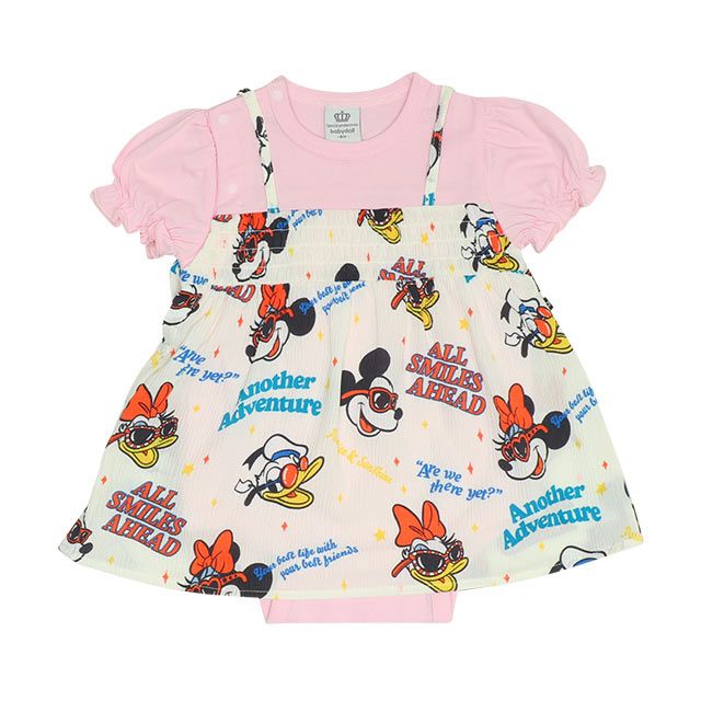 【ベビードール】リゾート総柄ドッキングロンパース 0480B / ミッキー ミニー デイジー ドナルド 70-80cm ベビーサイズ 赤ちゃん ベビー服 リンクコーデ ペアルック 親子コーデ つなぎ 半袖 バルーン袖 ビスチェ スカート ワンピース