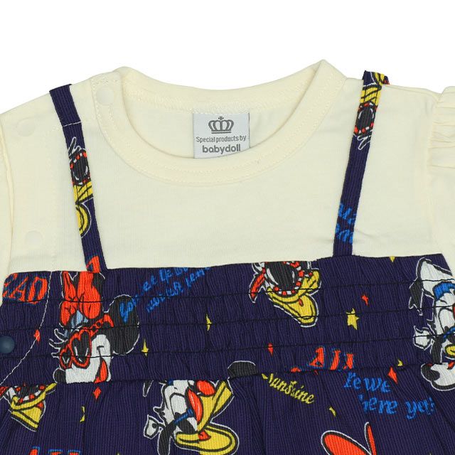 【ベビードール】リゾート総柄ドッキングロンパース 0480B / ミッキー ミニー デイジー ドナルド 70-80cm ベビーサイズ 赤ちゃん ベビー服 リンクコーデ ペアルック 親子コーデ つなぎ 半袖 バルーン袖 ビスチェ スカート ワンピース