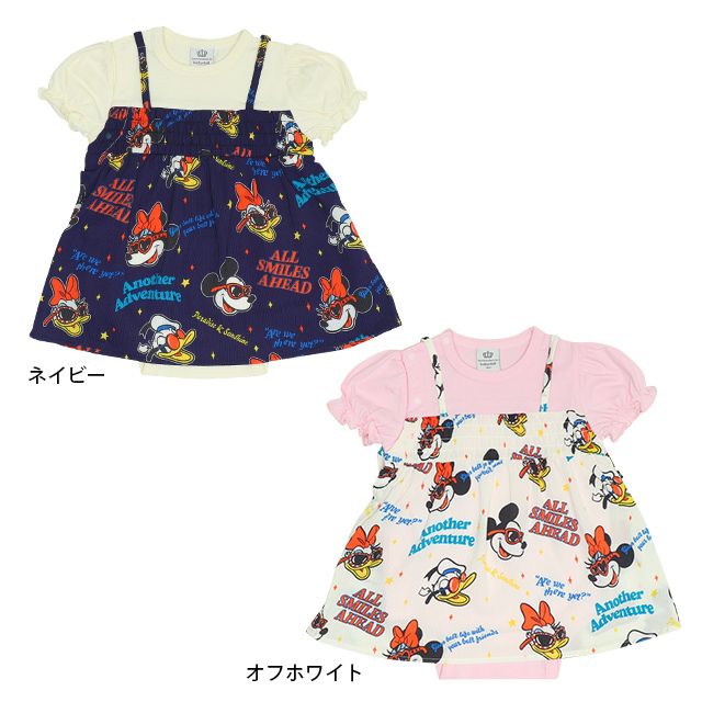 【ベビードール】リゾート総柄ドッキングロンパース 0480B / ミッキー ミニー デイジー ドナルド 70-80cm ベビーサイズ 赤ちゃん ベビー服 リンクコーデ ペアルック 親子コーデ つなぎ 半袖 バルーン袖 ビスチェ スカート ワンピース