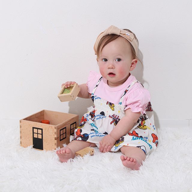 【ベビードール】リゾート総柄ドッキングロンパース 0480B / ミッキー ミニー デイジー ドナルド 70-80cm ベビーサイズ 赤ちゃん ベビー服 リンクコーデ ペアルック 親子コーデ つなぎ 半袖 バルーン袖 ビスチェ スカート ワンピース