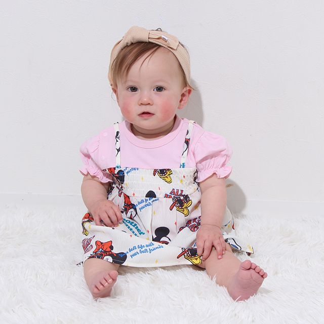 【ベビードール】リゾート総柄ドッキングロンパース 0480B / ミッキー ミニー デイジー ドナルド 70-80cm ベビーサイズ 赤ちゃん ベビー服 リンクコーデ ペアルック 親子コーデ つなぎ 半袖 バルーン袖 ビスチェ スカート ワンピース