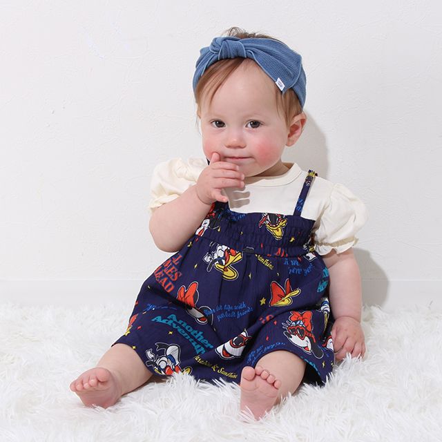 【ベビードール】リゾート総柄ドッキングロンパース 0480B / ミッキー ミニー デイジー ドナルド 70-80cm ベビーサイズ 赤ちゃん ベビー服 リンクコーデ ペアルック 親子コーデ つなぎ 半袖 バルーン袖 ビスチェ スカート ワンピース