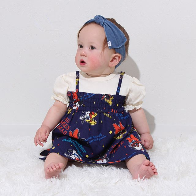 【ベビードール】リゾート総柄ドッキングロンパース 0480B / ミッキー ミニー デイジー ドナルド 70-80cm ベビーサイズ 赤ちゃん ベビー服 リンクコーデ ペアルック 親子コーデ つなぎ 半袖 バルーン袖 ビスチェ スカート ワンピース