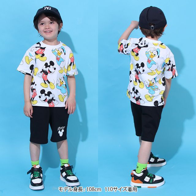【ベビードール】ミッキー ドナルド 総柄 Tシャツ&ハーフパンツ 2点セット 0482K / ベビーサイズ キッズ トップス ボトムス 半袖 短パン 半ズボン ウエスト総ゴム ゴム穴付 上下セットアップ コーデセット