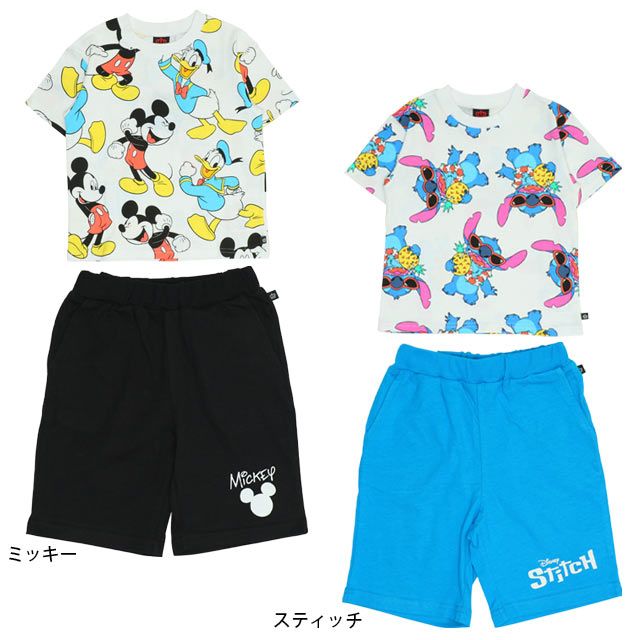 【ベビードール】ミッキー ドナルド 総柄 Tシャツ&ハーフパンツ 2点セット 0482K / ベビーサイズ キッズ トップス ボトムス 半袖 短パン 半ズボン ウエスト総ゴム ゴム穴付 上下セットアップ コーデセット