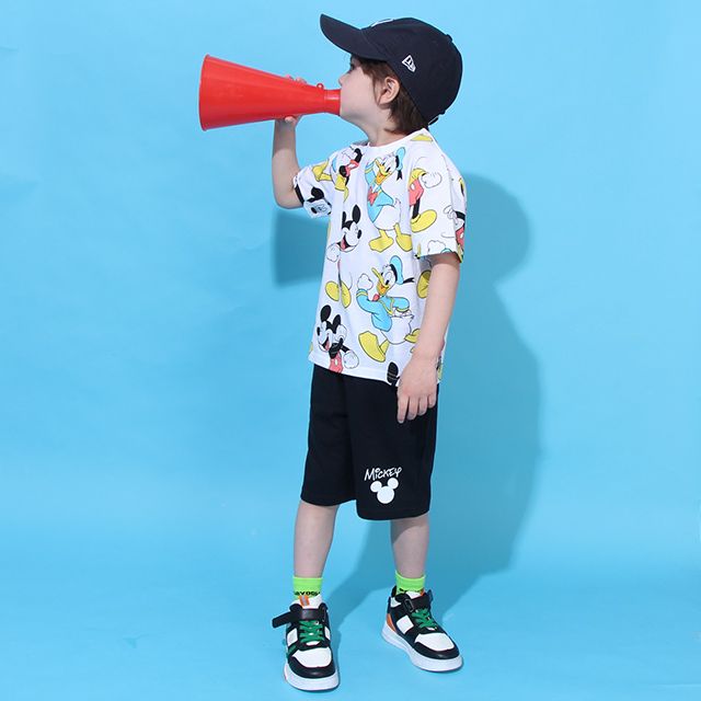 【ベビードール】ミッキー ドナルド 総柄 Tシャツ&ハーフパンツ 2点セット 0482K / ベビーサイズ キッズ トップス ボトムス 半袖 短パン 半ズボン ウエスト総ゴム ゴム穴付 上下セットアップ コーデセット