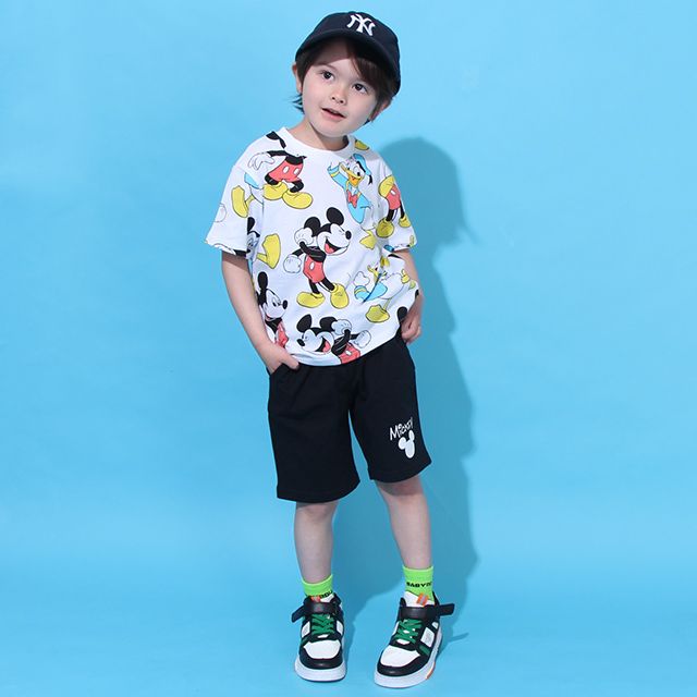 【ベビードール】ミッキー ドナルド 総柄 Tシャツ&ハーフパンツ 2点セット 0482K / ベビーサイズ キッズ トップス ボトムス 半袖 短パン 半ズボン ウエスト総ゴム ゴム穴付 上下セットアップ コーデセット