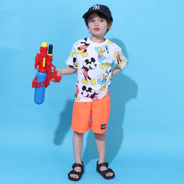 【ベビードール】ミッキー ドナルド 総柄 Tシャツ&ハーフパンツ 2点セット 0482K / ベビーサイズ キッズ トップス ボトムス 半袖 短パン 半ズボン ウエスト総ゴム ゴム穴付 上下セットアップ コーデセット