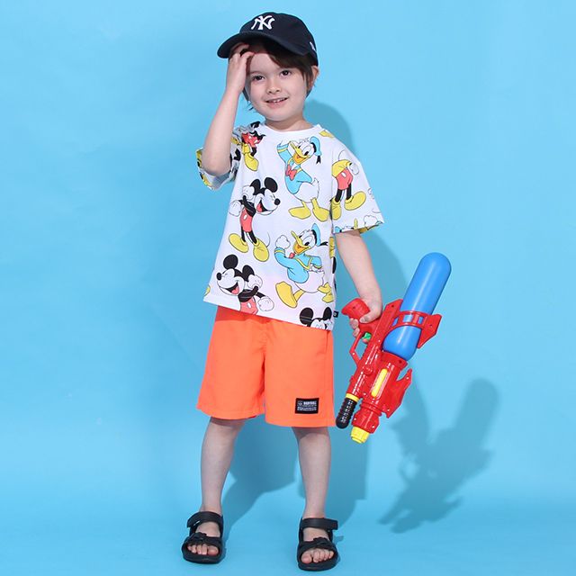 【ベビードール】ミッキー ドナルド 総柄 Tシャツ&ハーフパンツ 2点セット 0482K / ベビーサイズ キッズ トップス ボトムス 半袖 短パン 半ズボン ウエスト総ゴム ゴム穴付 上下セットアップ コーデセット