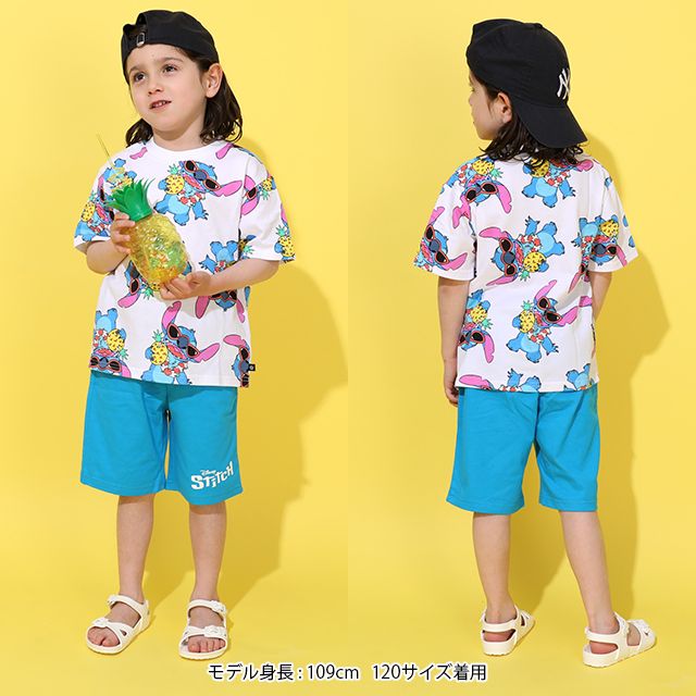 【ベビードール】スティッチ 総柄 Tシャツ&ハーフパンツ 2点セット 0482K / ベビーサイズ キッズ トップス ボトムス 半袖 短パン 半ズボン ウエスト総ゴム ゴム穴付 上下セットアップ コーデセット