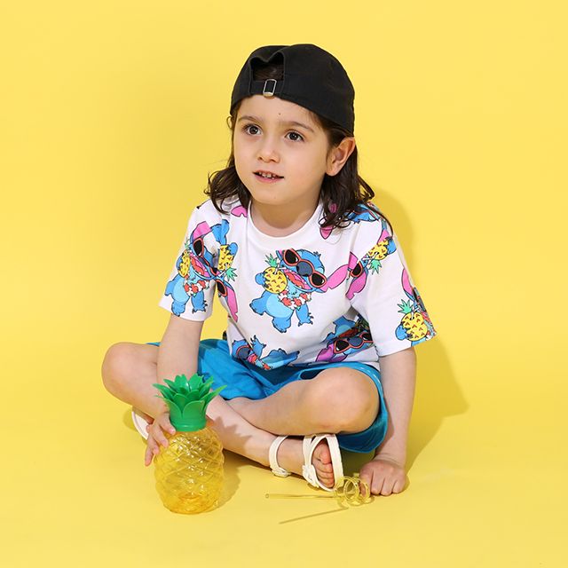 【ベビードール】スティッチ 総柄 Tシャツ&ハーフパンツ 2点セット 0482K / ベビーサイズ キッズ トップス ボトムス 半袖 短パン 半ズボン ウエスト総ゴム ゴム穴付 上下セットアップ コーデセット