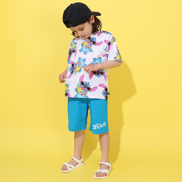【ベビードール】スティッチ 総柄 Tシャツ&ハーフパンツ 2点セット 0482K / ベビーサイズ キッズ トップス ボトムス 半袖 短パン 半ズボン ウエスト総ゴム ゴム穴付 上下セットアップ コーデセット