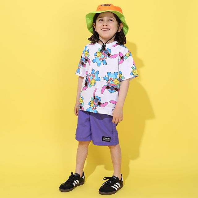 【ベビードール】スティッチ 総柄 Tシャツ&ハーフパンツ 2点セット 0482K / ベビーサイズ キッズ トップス ボトムス 半袖 短パン 半ズボン ウエスト総ゴム ゴム穴付 上下セットアップ コーデセット